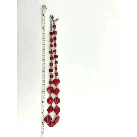 Red Natural Shell Chunky Beaded Necklace 20" Jewelry Silver Metal Tone - Picture 4 of 12